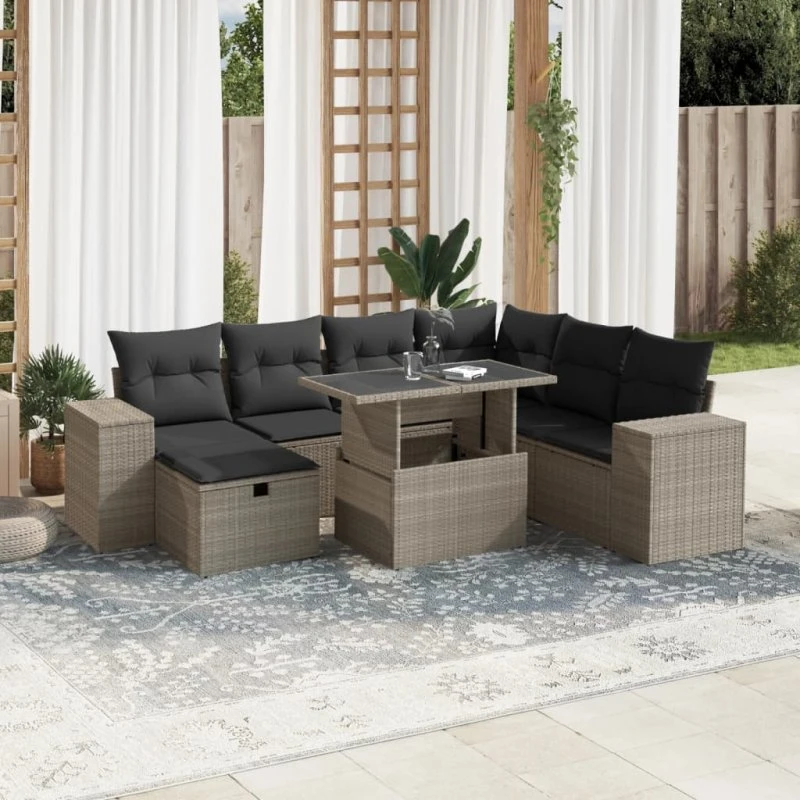 Havesofasæt 8 dele i polyrattan lysegrå m. hynder
