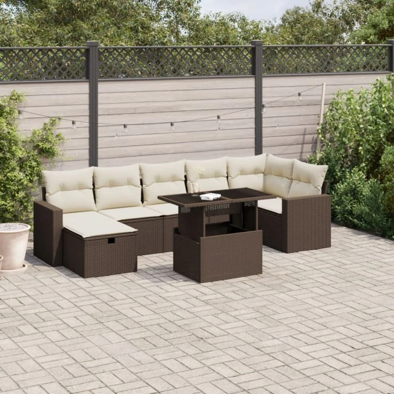 Havesofasæt 8 dele i brun polyrattan med hynder