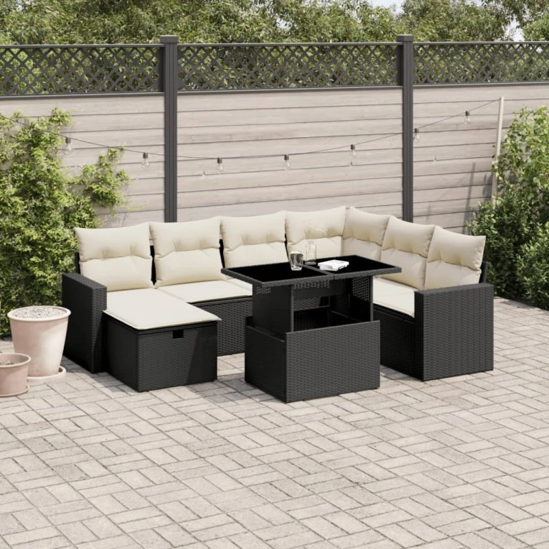 Havesofasæt i polyrattan 8 dele med hynder - sort