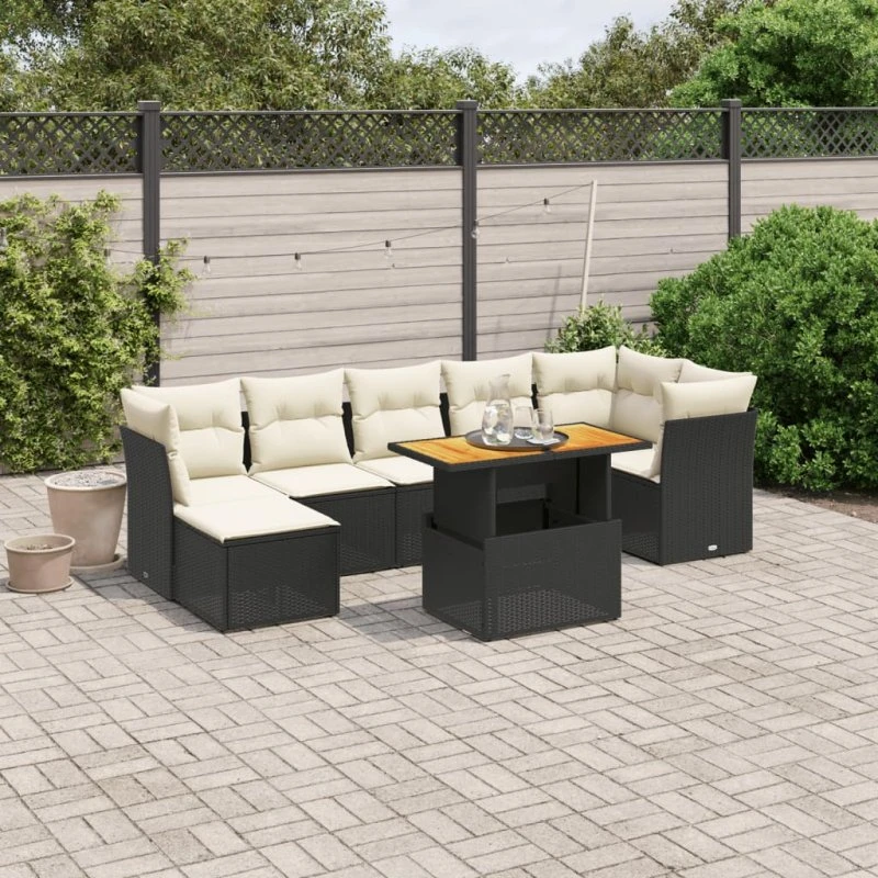 Polyrattan sofasæt til have 8 dele med hynder - sort