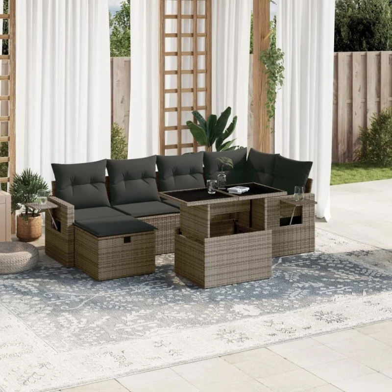 Havesofa sæt 7 dele i polyrattan med hynder - Grå