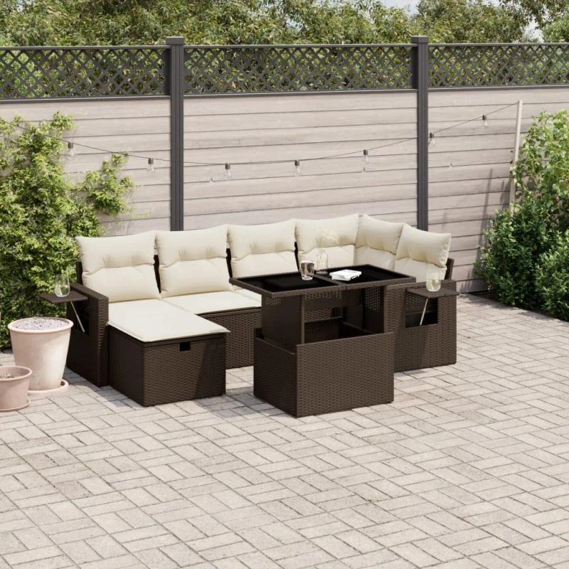 Sofasæt til haven 7 dele i brun polyrattan med hynder