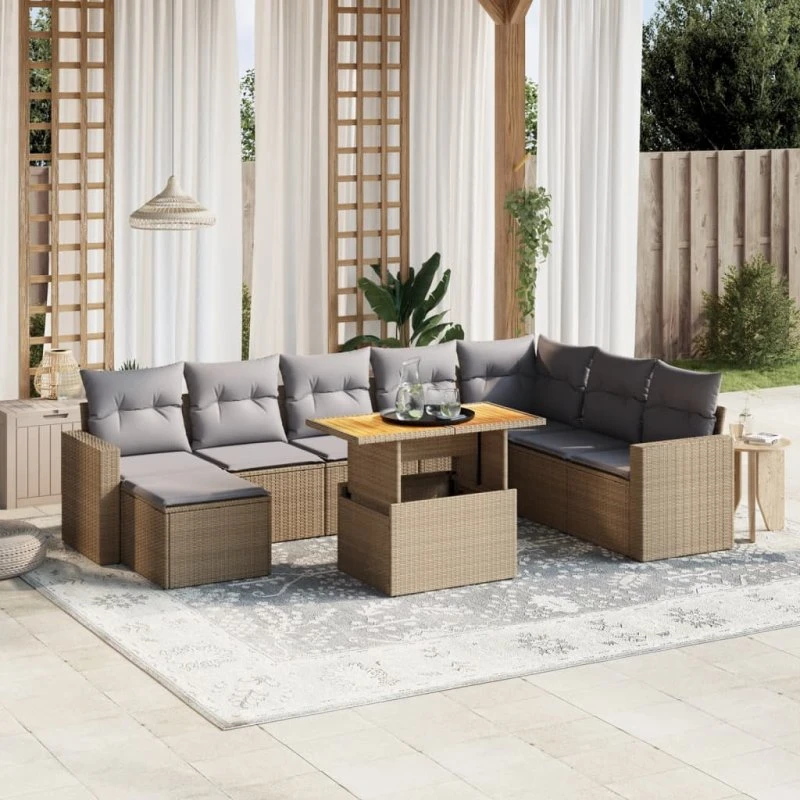 Havesofasæt 9 dele i beige polyrattan med hynder