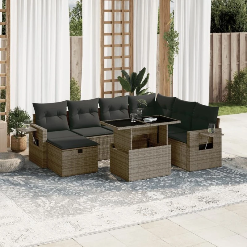 Havesofasæt 8 dele i polyrattan med hynder, grå