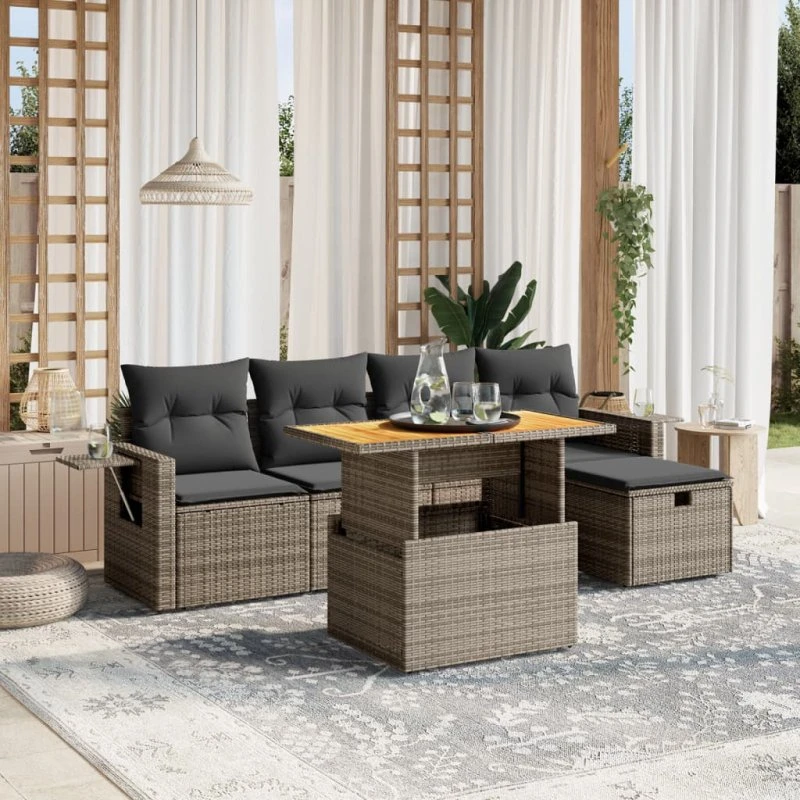 Havesofasæt 6 dele i polyrattan med hynder, grå