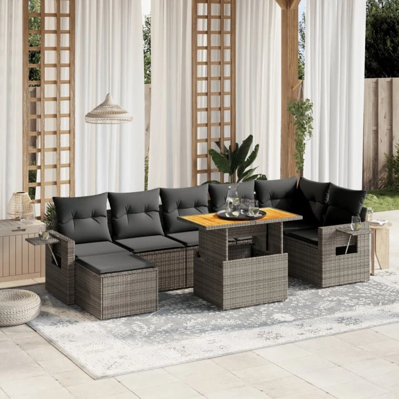 Havesofasæt 8 dele i grå polyrattan med hynder