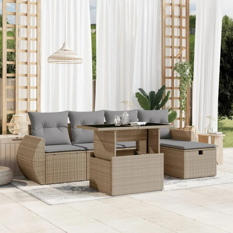 Havesofasæt 6 dele i polyrattan med hynder, beige