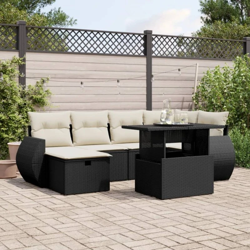 Sofasæt til haven 7 dele i polyrattan – sort