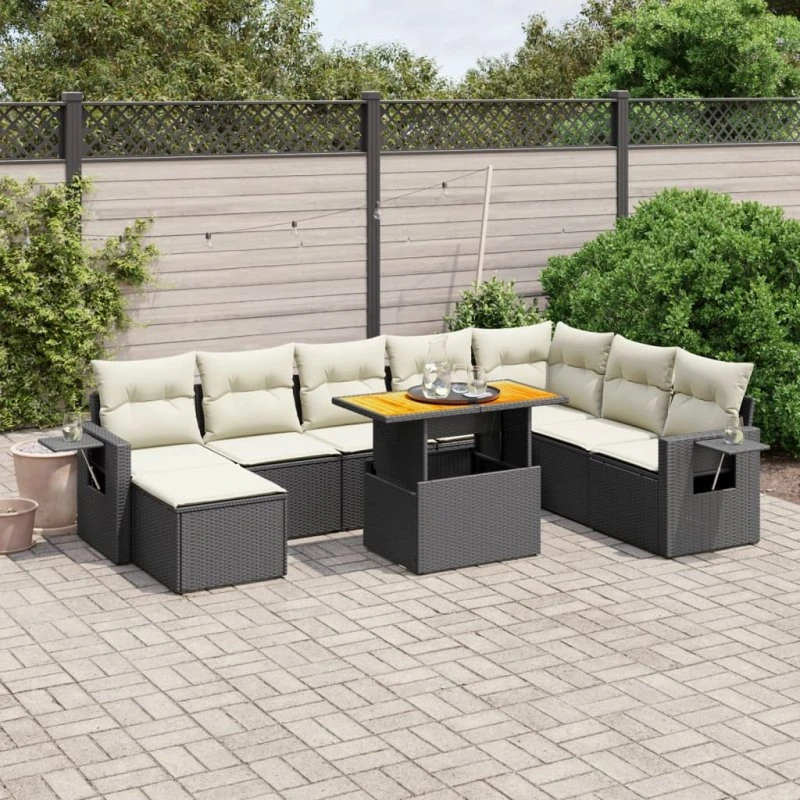 Havesofasæt 9 dele i polyrattan med hynder - sort