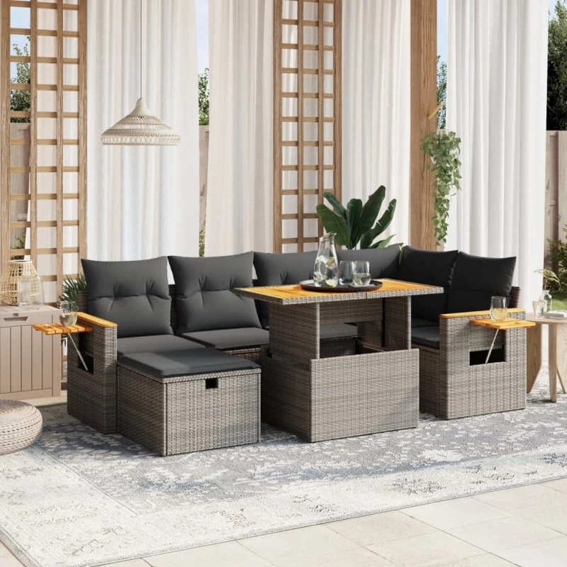 Havesofa sæt 7 dele i polyrattan med hynder – grå