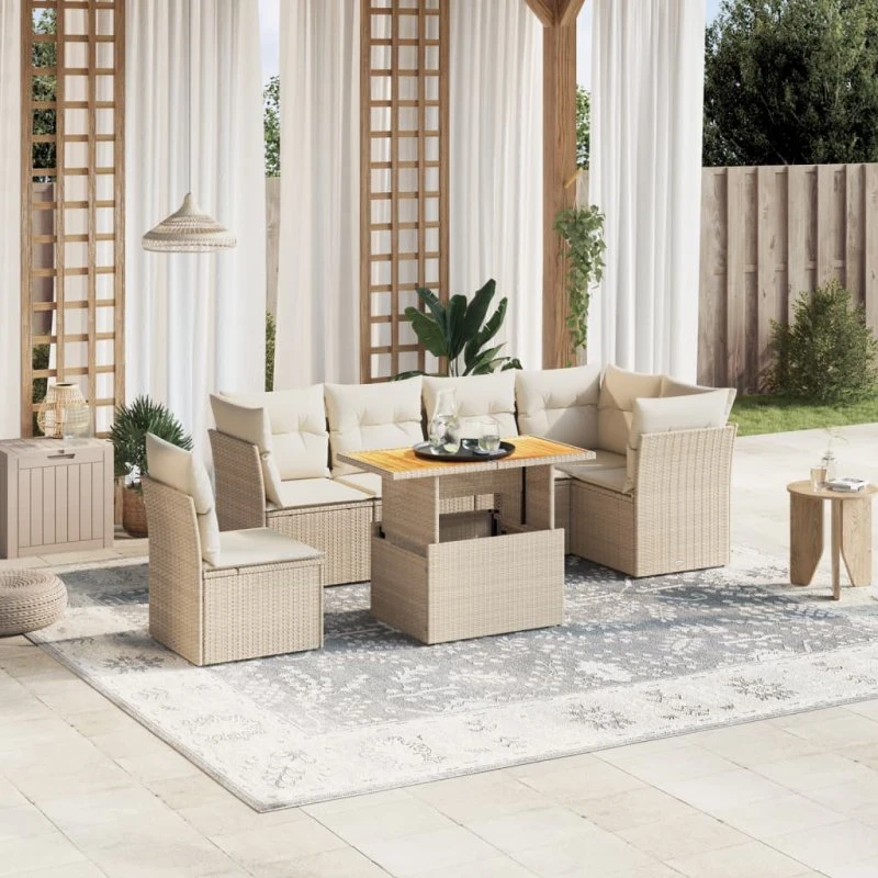 Havesofasæt 7 dele i polyrattan - beige med hynder