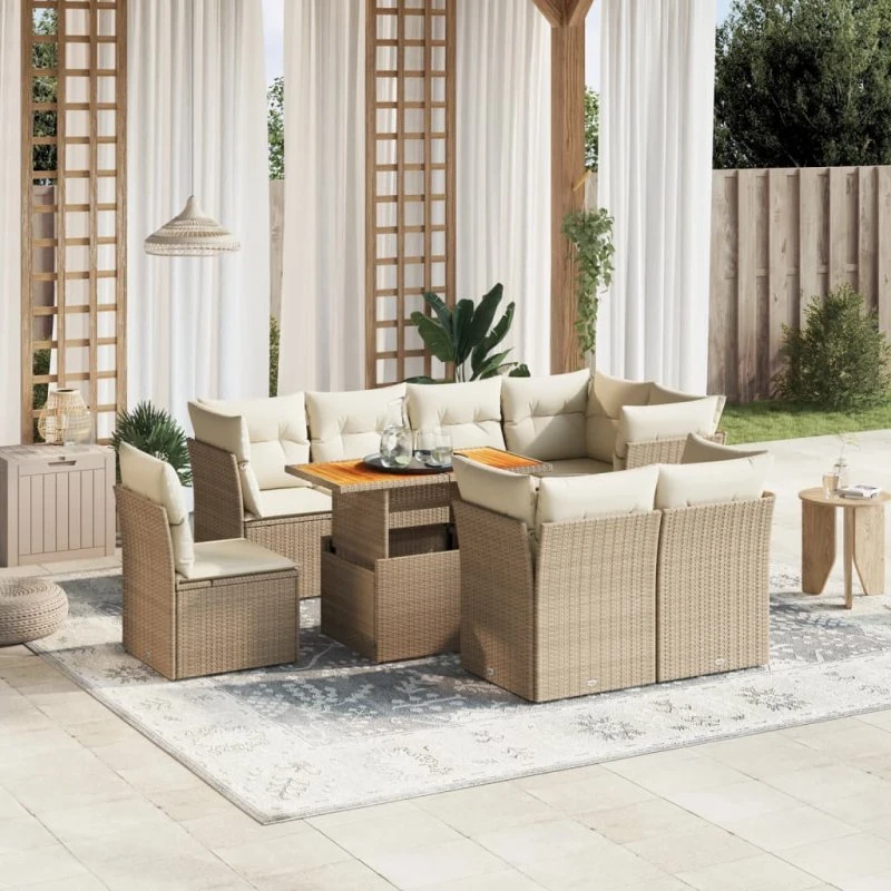 Polyrattan havemøbelsæt 9 dele med hynder - beige