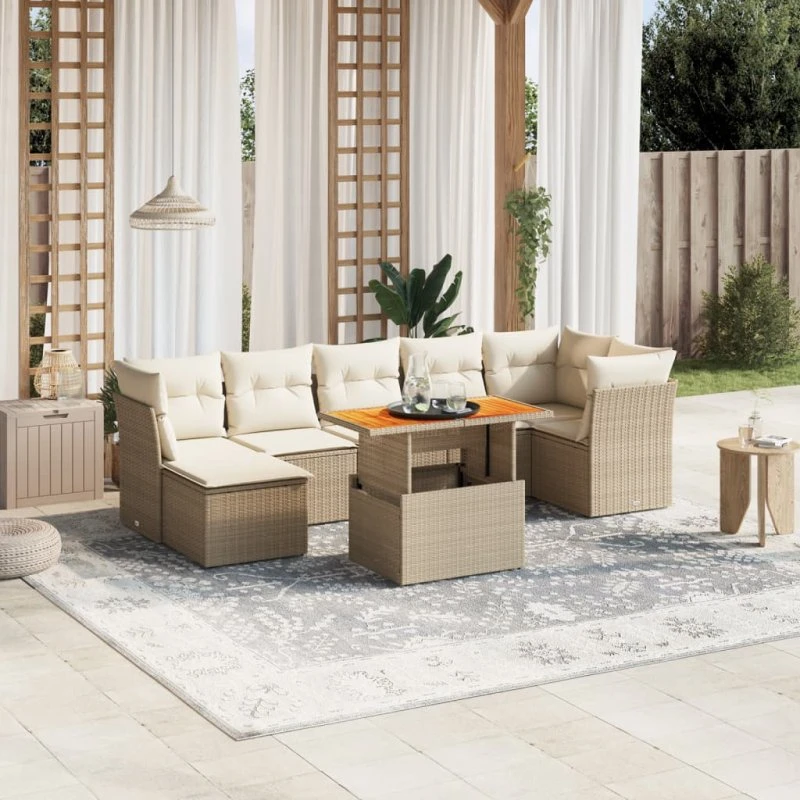 Sofasæt til haven 8 dele i beige polyrattan (inkl. hynder)