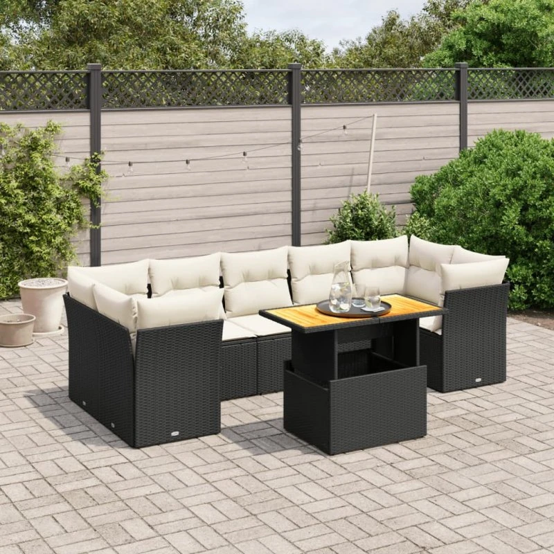 Havesofasæt 8 dele i polyrattan med hynder - sort