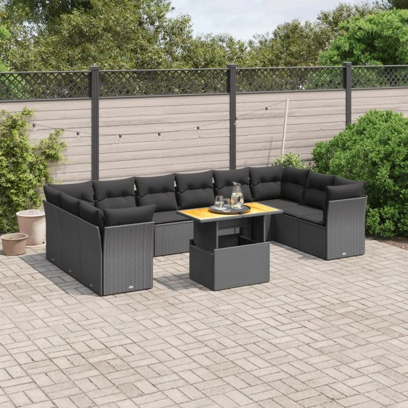 Havesofasæt 11 dele i sort polyrattan inkl. hynder