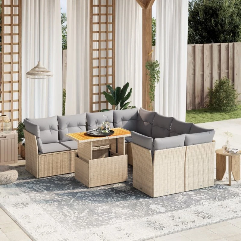 Havesofasæt 9 dele i polyrattan – beige med hynder