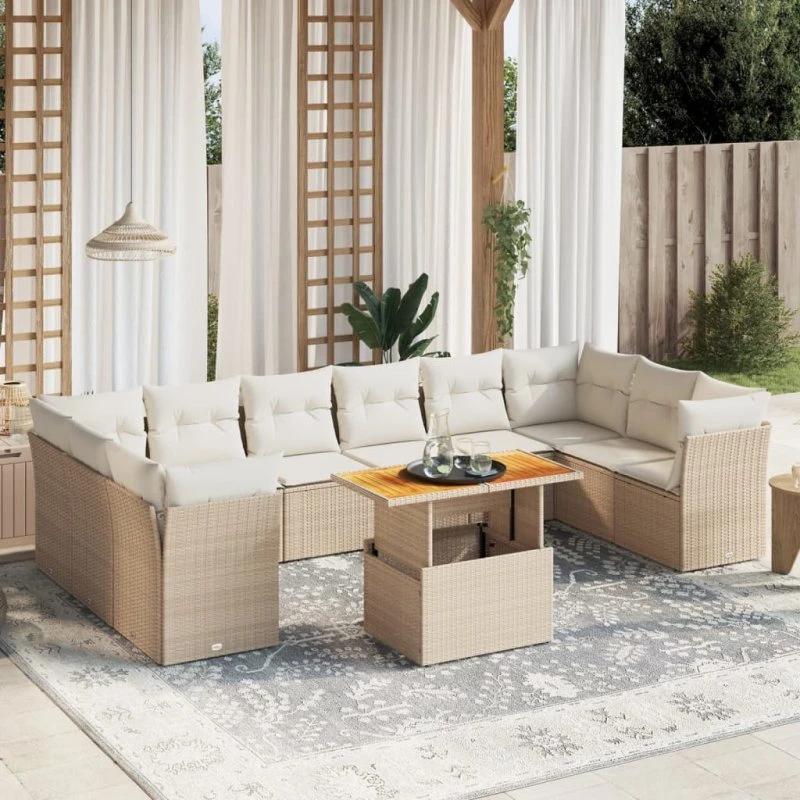 Havesofasæt 11 dele i beige polyrattan med hynder