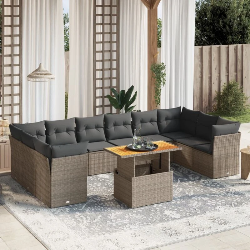 Loungesæt havemøbler 11 dele med hynder, grå polyrattan