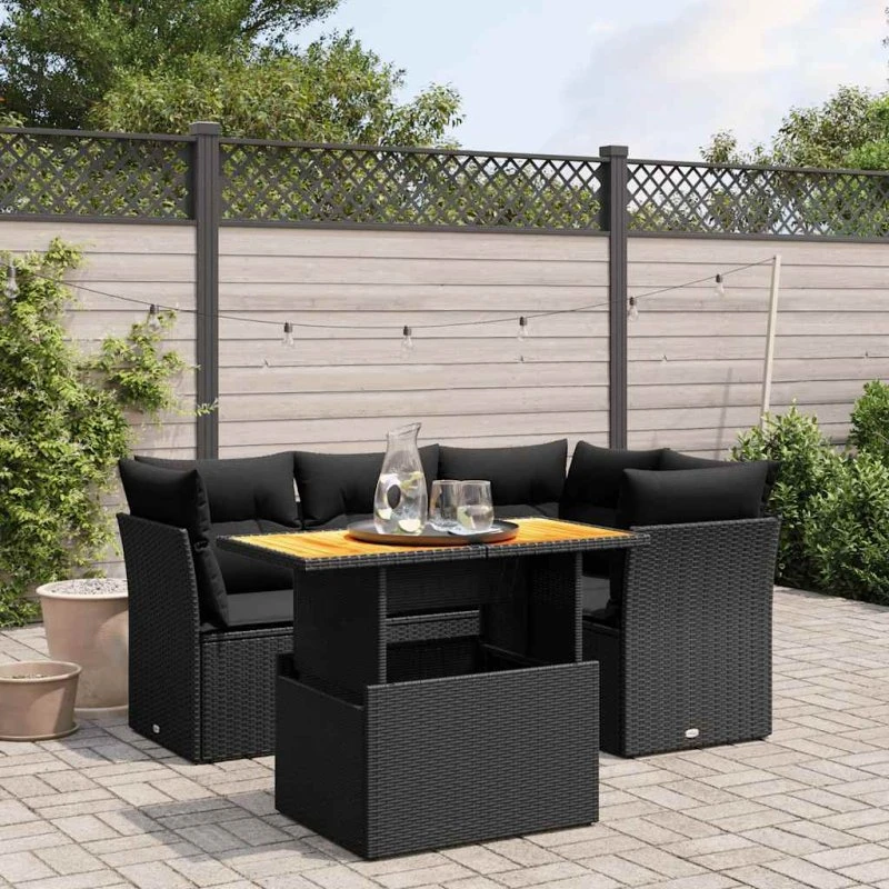 Havesofasæt 5 dele i polyrattan med hynder - sort