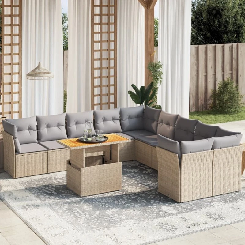 Havesofasæt 11 dele i polyrattan - beige inkl. hynder