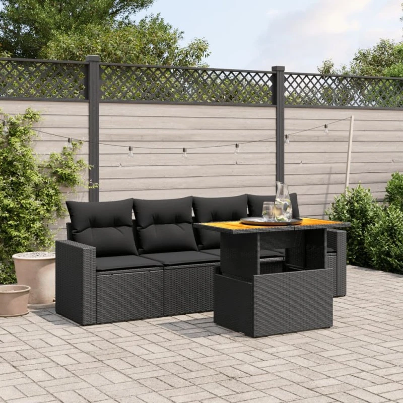 Havesofasæt 5 dele i sort polyrattan med hynder