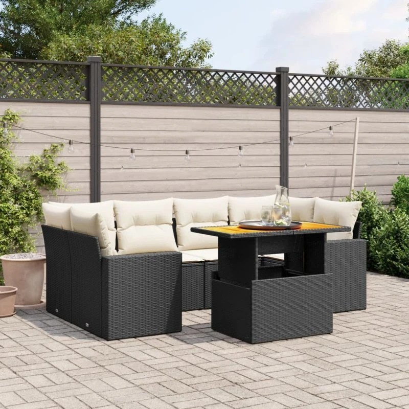 7-delers havesofasæt i polyrattan med hynder – sort