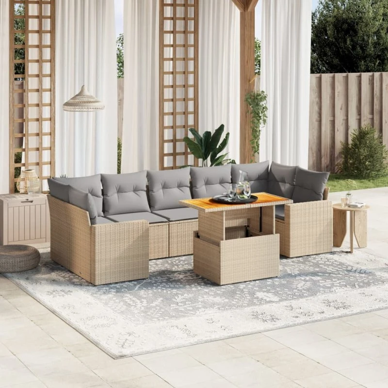 Havesofasæt 8 dele i polyrattan beige med hynder