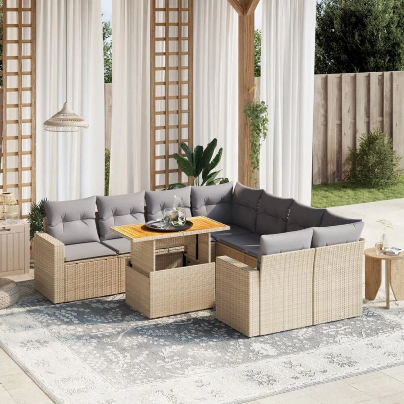 9-dele havemøbelsæt i polyrattan med hynder – beige