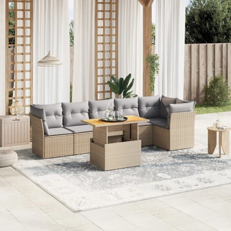 Havemøbelsæt 7 dele i polyrattan med hynder, beige