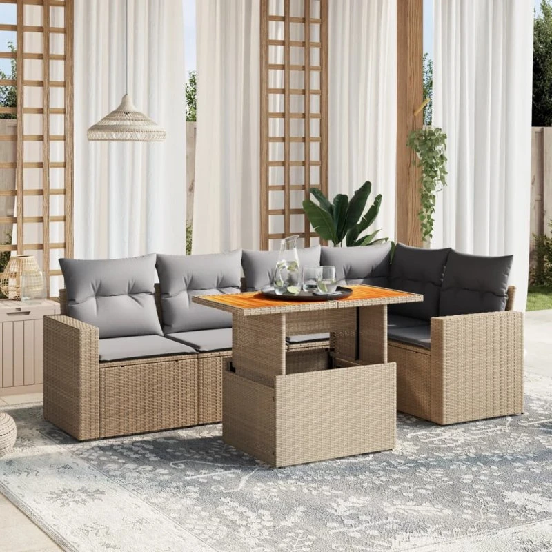 Havesofasæt 6 dele i polyrattan med hynder, beige