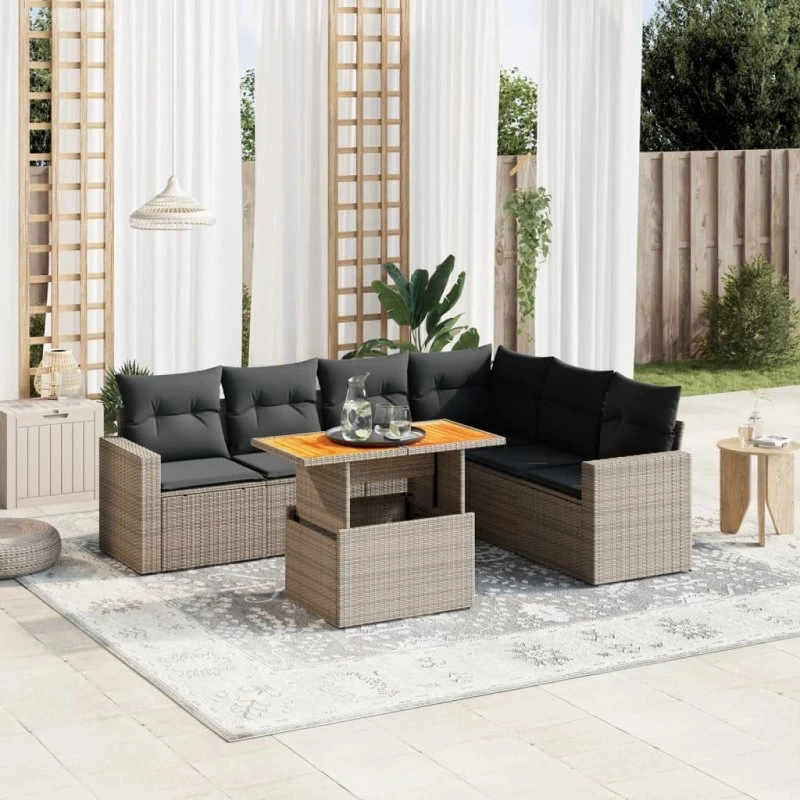 Havesofa 7 dele i grå polyrattan med hynder