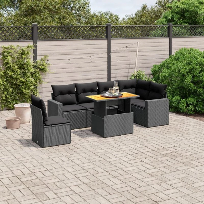 Havesofasæt 7 dele i sort polyrattan med hynder