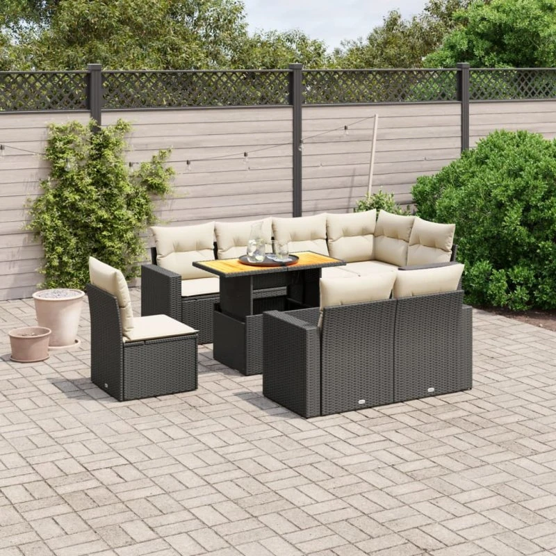 Havesofasæt 9 dele i sort polyrattan med hynder