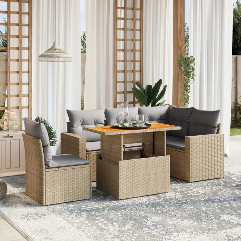 Sofasæt til haven 6 dele i polyrattan med hynder - beige