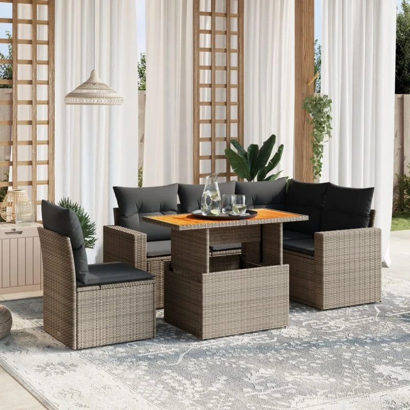 Havesofasæt 6 dele i polyrattan med hynder, grå
