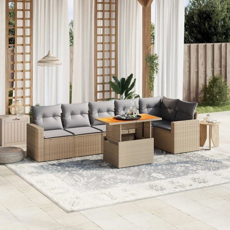 7-dele havemøbelsæt i polyrattan med hynder – beige