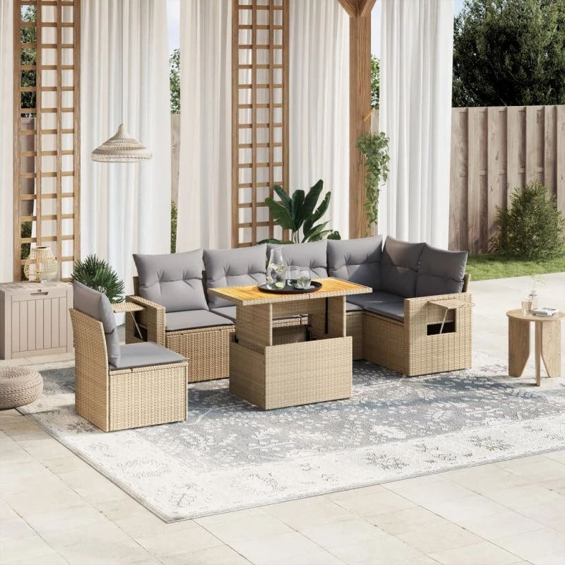 7-delt havemøbelsæt i polyrattan med hynder – beige