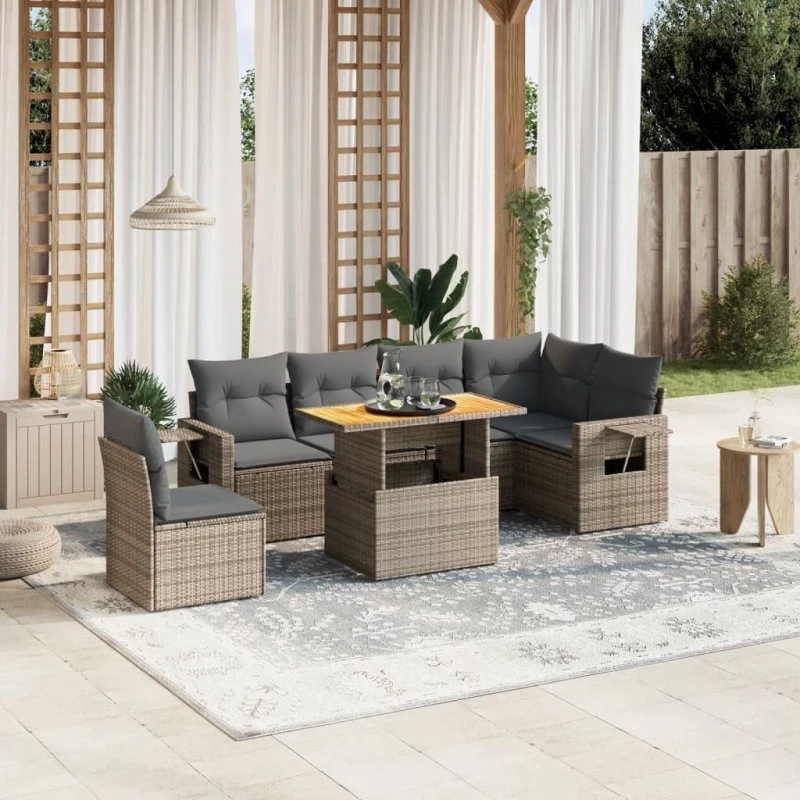 Havesofa 7 dele i polyrattan med hynder, grå
