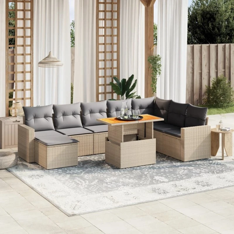 9-dele havemøbelsæt i polyrattan med hynder (beige)