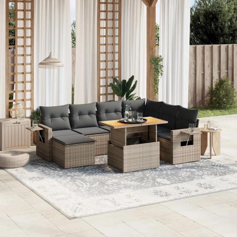 Sofasæt til haven 8 dele i grå polyrattan med hynder