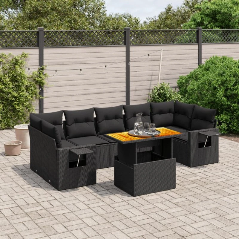 Havesofasæt 8 dele i sort polyrattan inkl. hynder