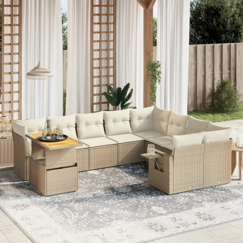 Havesofasæt 10 dele i polyrattan – beige med hynder