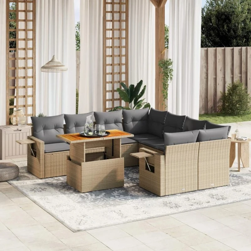 Sofasæt til haven 9 dele i beige polyrattan med hynder