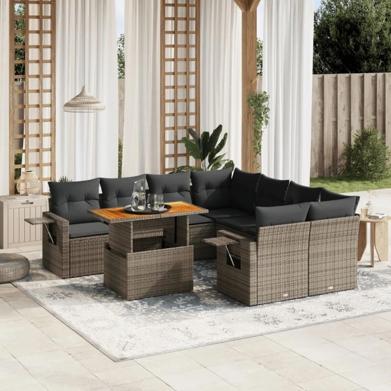 Havesofasæt 9 dele i grå polyrattan med hynder