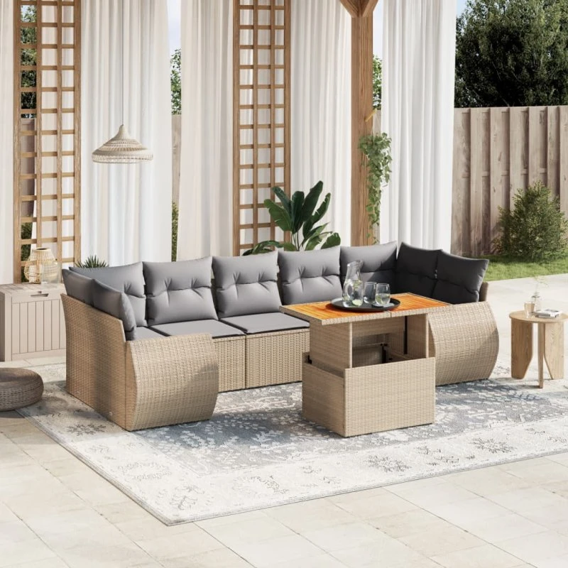 Sofasæt til haven 8 dele i beige polyrattan med hynder
