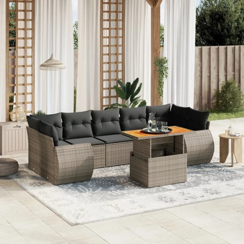 Sofasæt til haven 8 dele i grå polyrattan med hynder