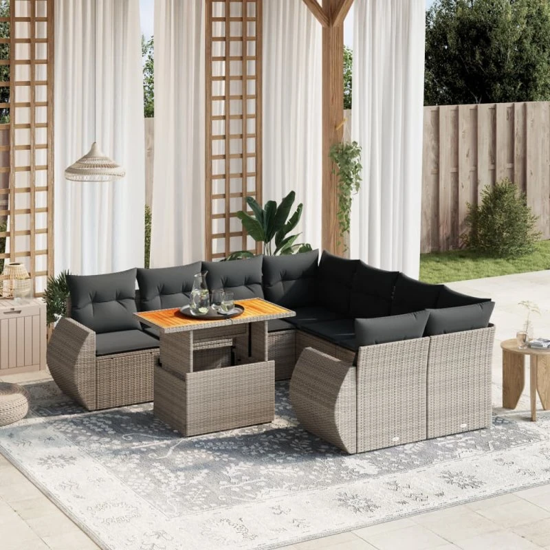 Sofasæt til haven 9 dele i grå polyrattan med hynder