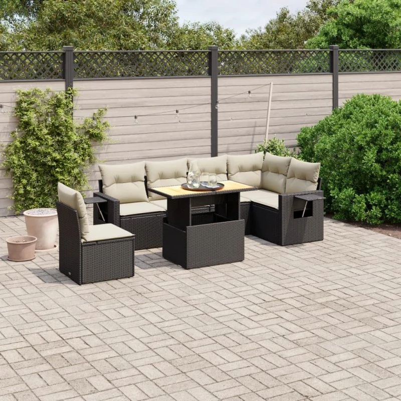 Sofasæt til haven 7 dele i sort polyrattan