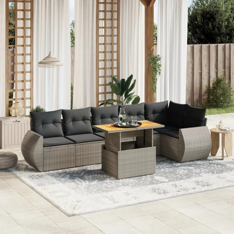 Havesofasæt 7 dele i grå polyrattan med hynder