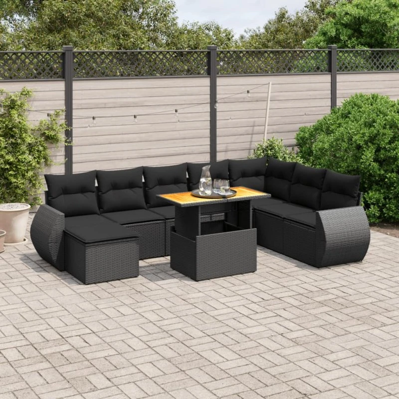 Havesofasæt 9 dele i polyrattan med hynder - sort